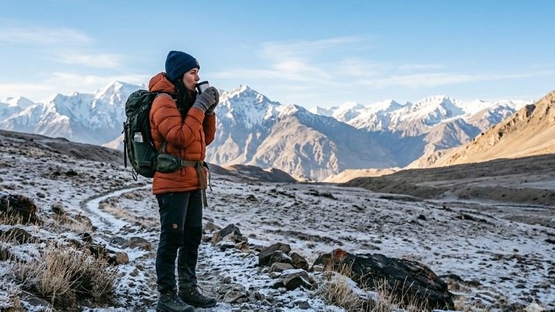 Handle temperature in April with snow peaks and cold weather gear